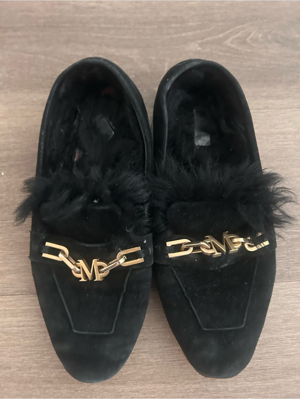 Black Faux-Fur Trim Suede Loafers with Gold Accent